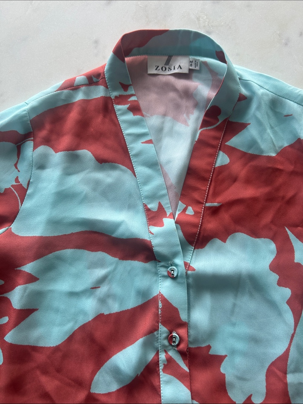 Women’s Red and Light Blue Printed V-Neck Blouse
